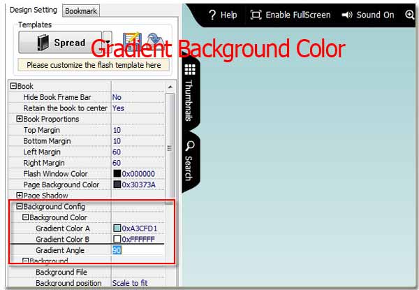 set gradient background color for the flipping magazine, comic, brochure, etc